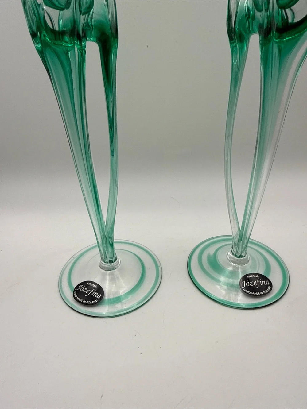 Vintage Set of 2 Green Jozefina Krosno Art Glass Taper Candleholders Hand-Blown